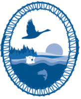 A stylized blue and white emblem features a goose flying over water, a bear emerging from the waves, a fish swimming below, and trees with a setting sun in the background, all encircled by a woven border.