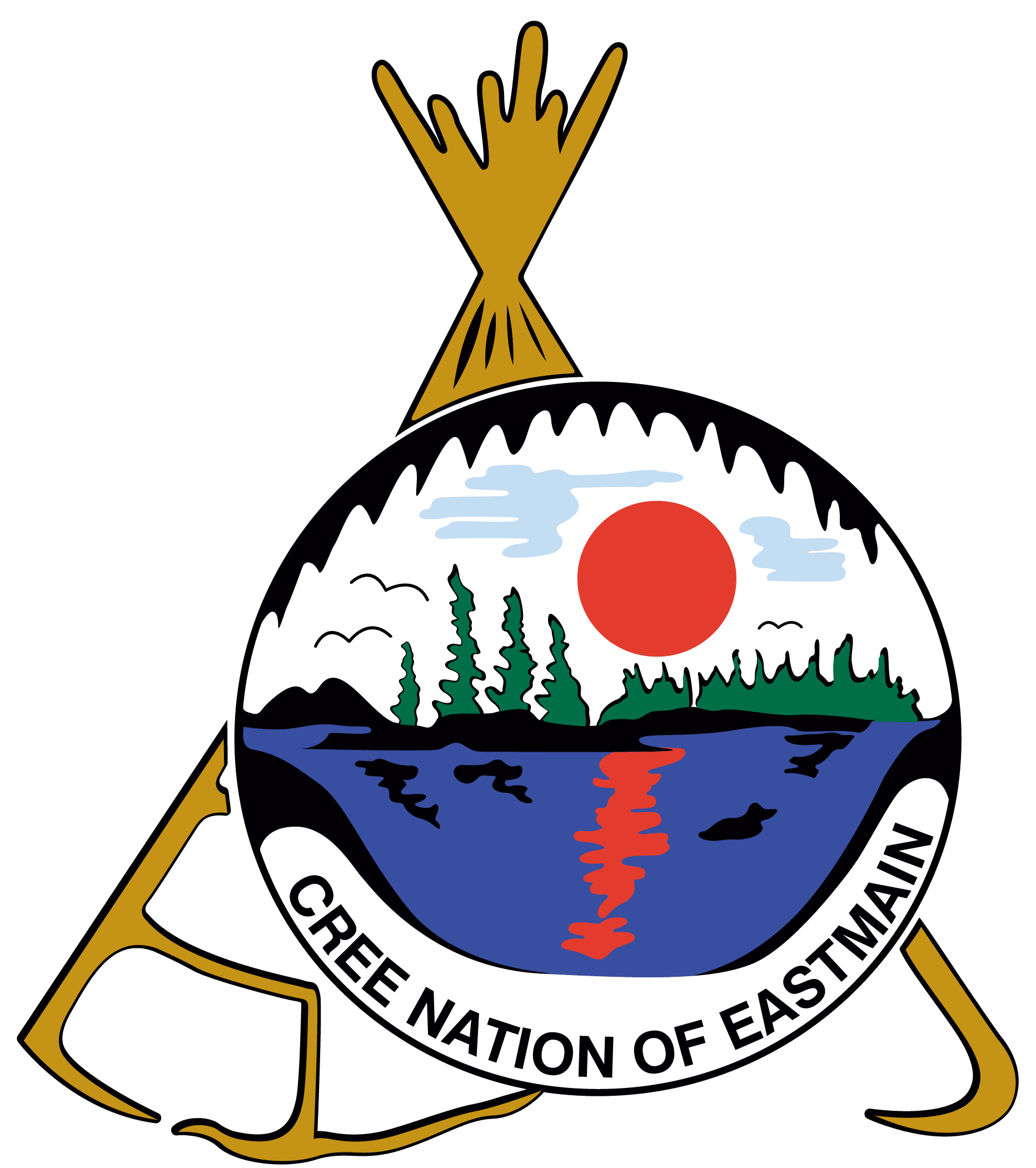 Logo of the Cree Nation of Eastmain featuring a tipi silhouette above a circular landscape with a red sun, trees, and water. A banner below reads 