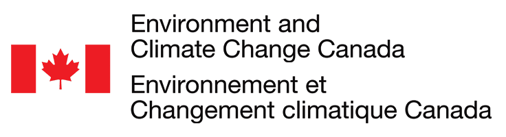 Logo of Environment and Climate Change Canada featuring a red maple leaf within a red square. The text is in English and French: 