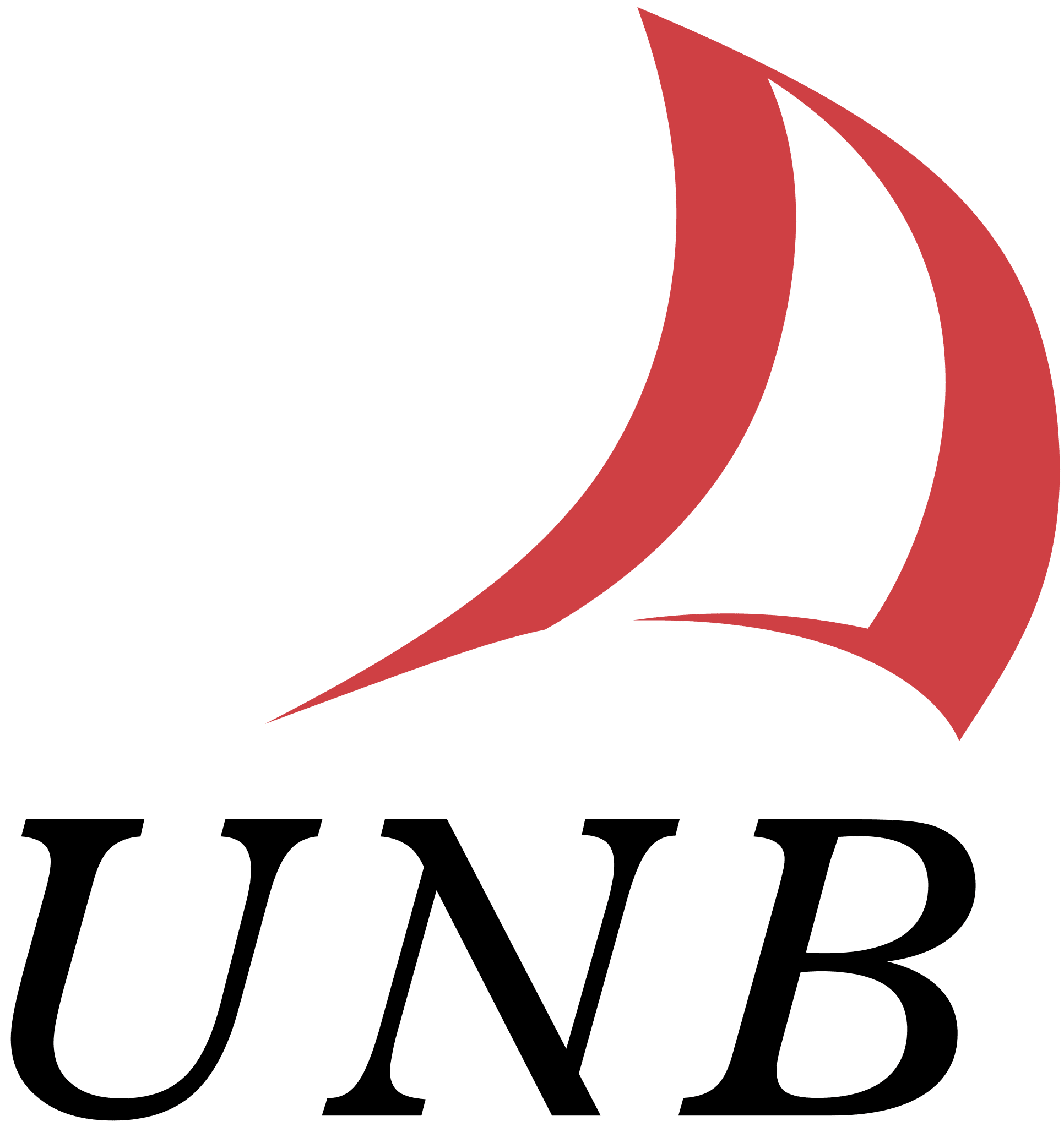 Logo of UNB featuring a stylized red sail above the letters 